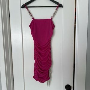 Hot Pink Mesh Cocktail Dress w rhinestone fringe and straps